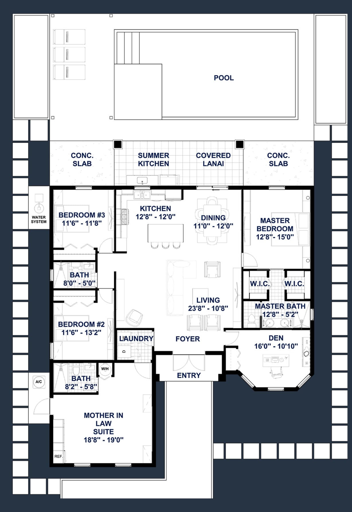 Creon M1 Lanai Extended OP1 (No Garage) 2D floor plan with dimensions