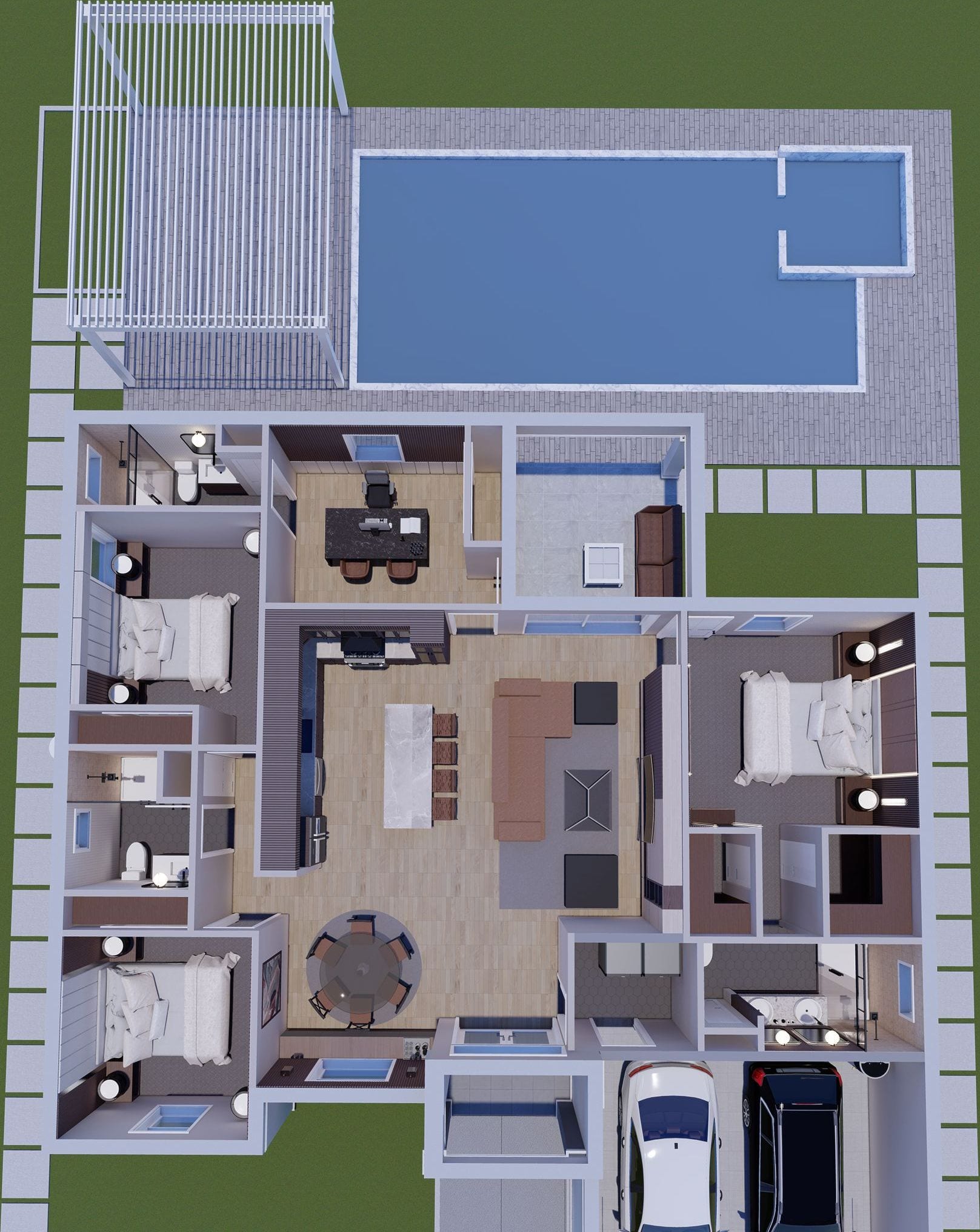 Cres M4 3 Baths 3D floor plan, top-down