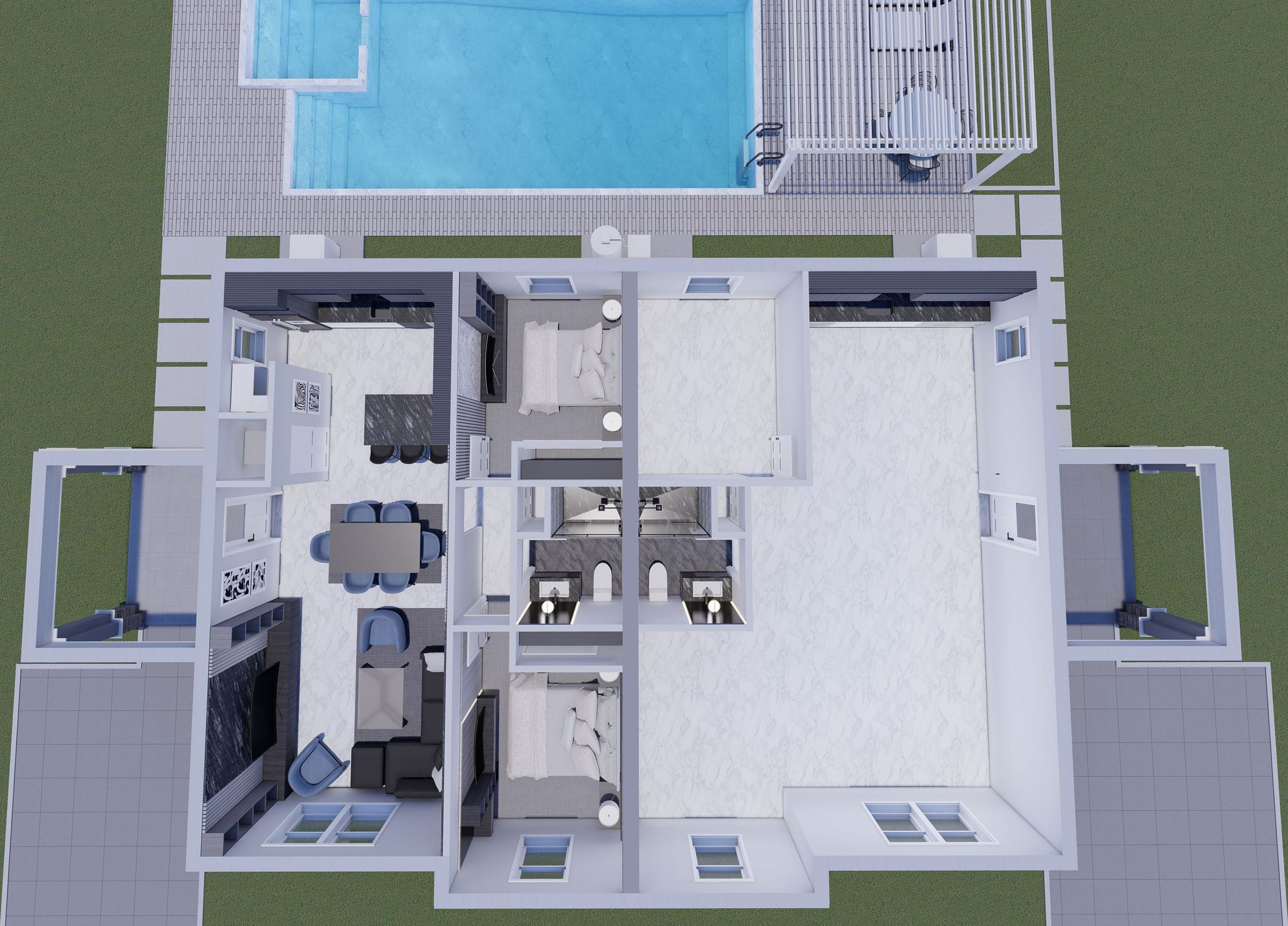 Guest House Double 864 3D floor plan, top-down