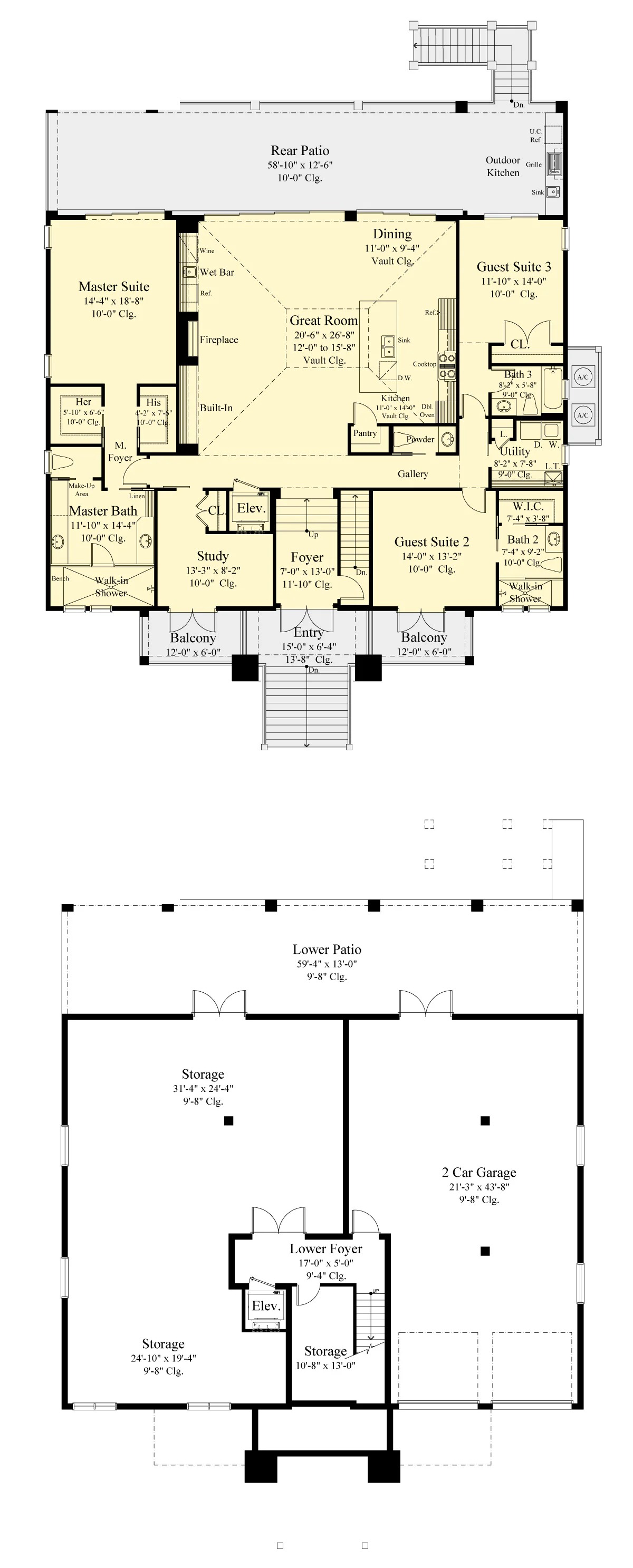 Haven floor plan: main living level and lower (island basement) level