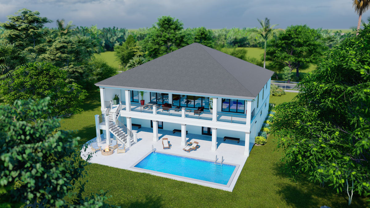 Haven aerial rear view showing pool and upper balcony