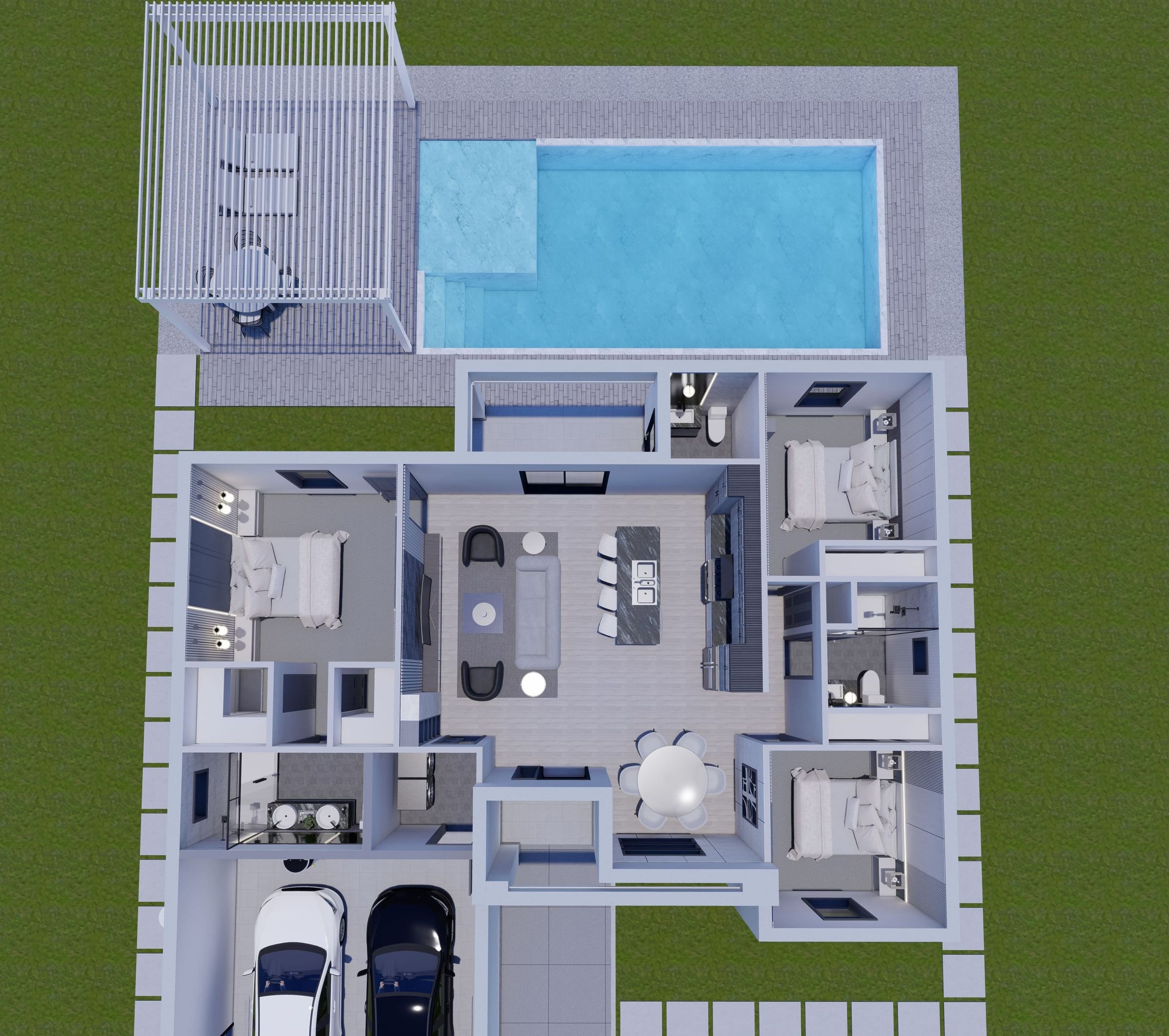 OTL M1 (Op. Two Cars Garage) 3D floor plan, top-down