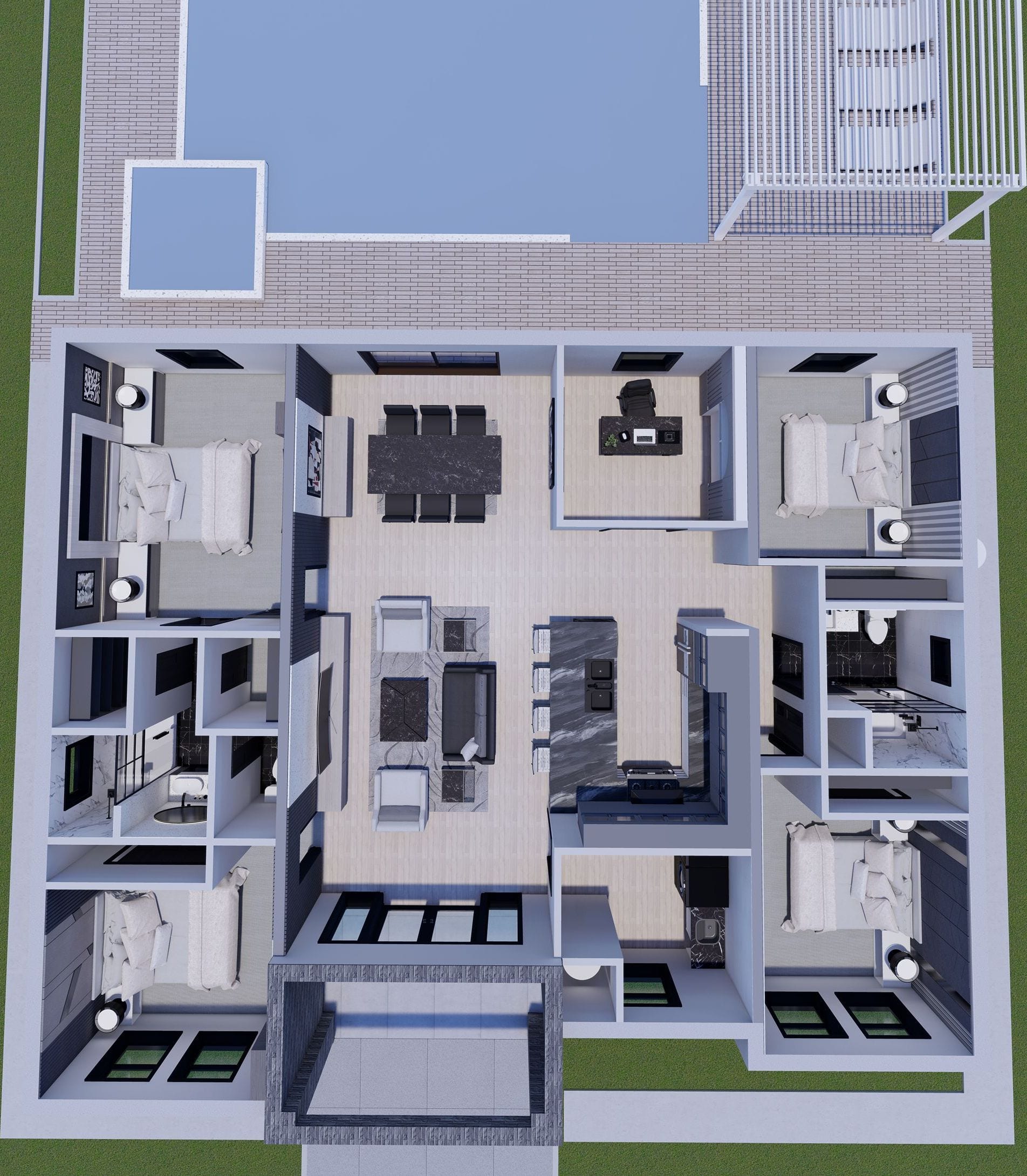 Picturesque 3D floor plan, top-down