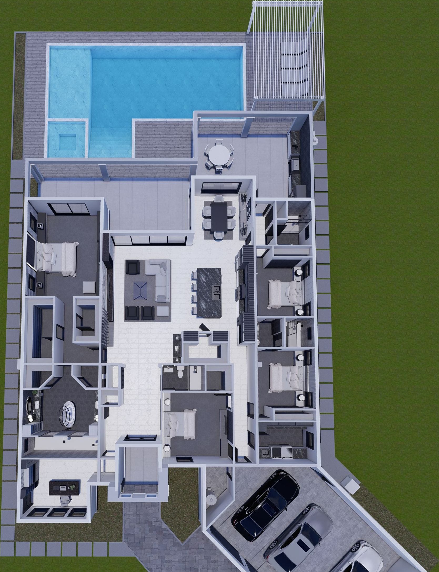Styx M1 (3 Car Garage) 3D floor plan, top-down