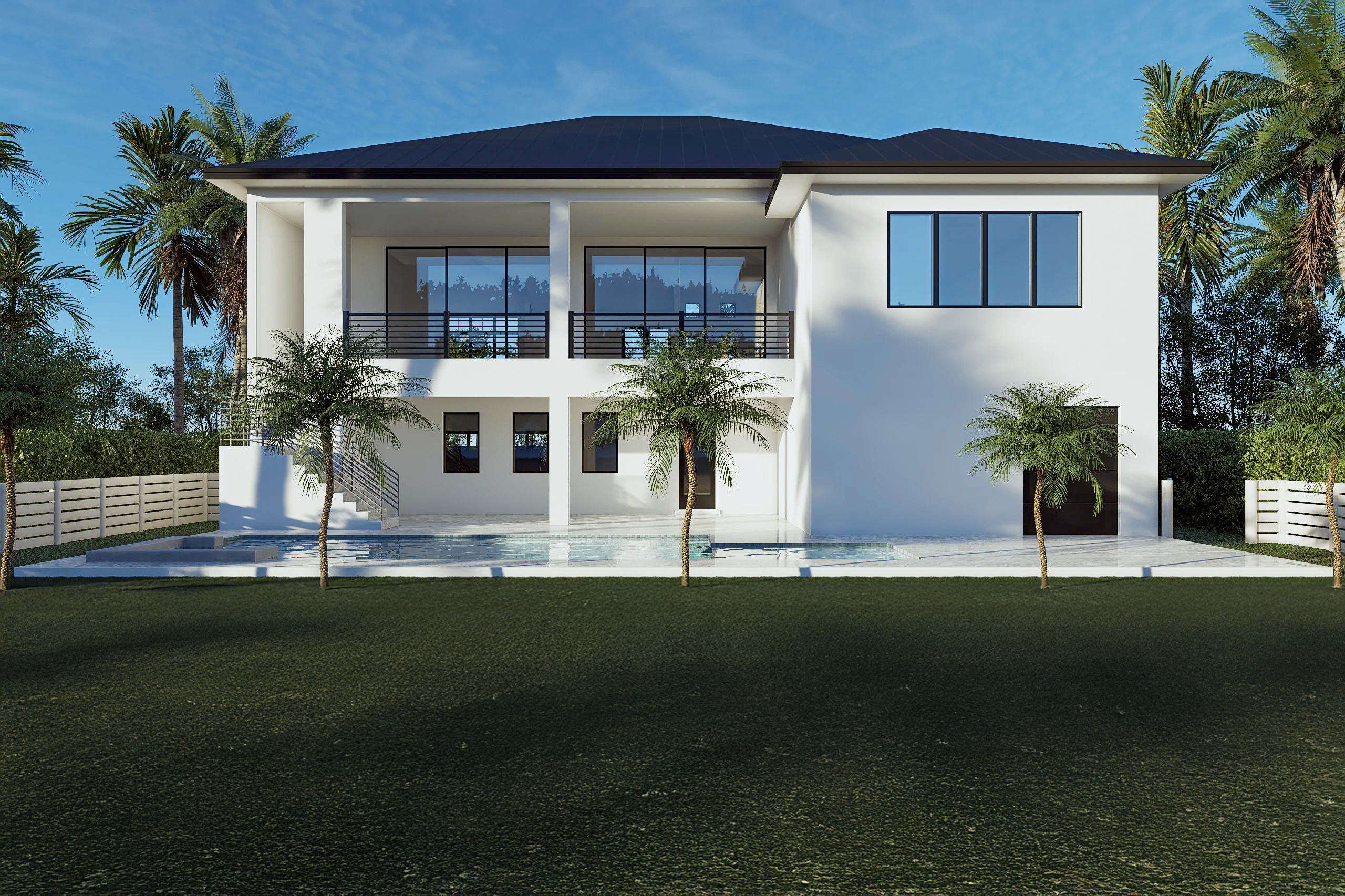 Esplanade rear elevation rendering, waterfront with pool and dock