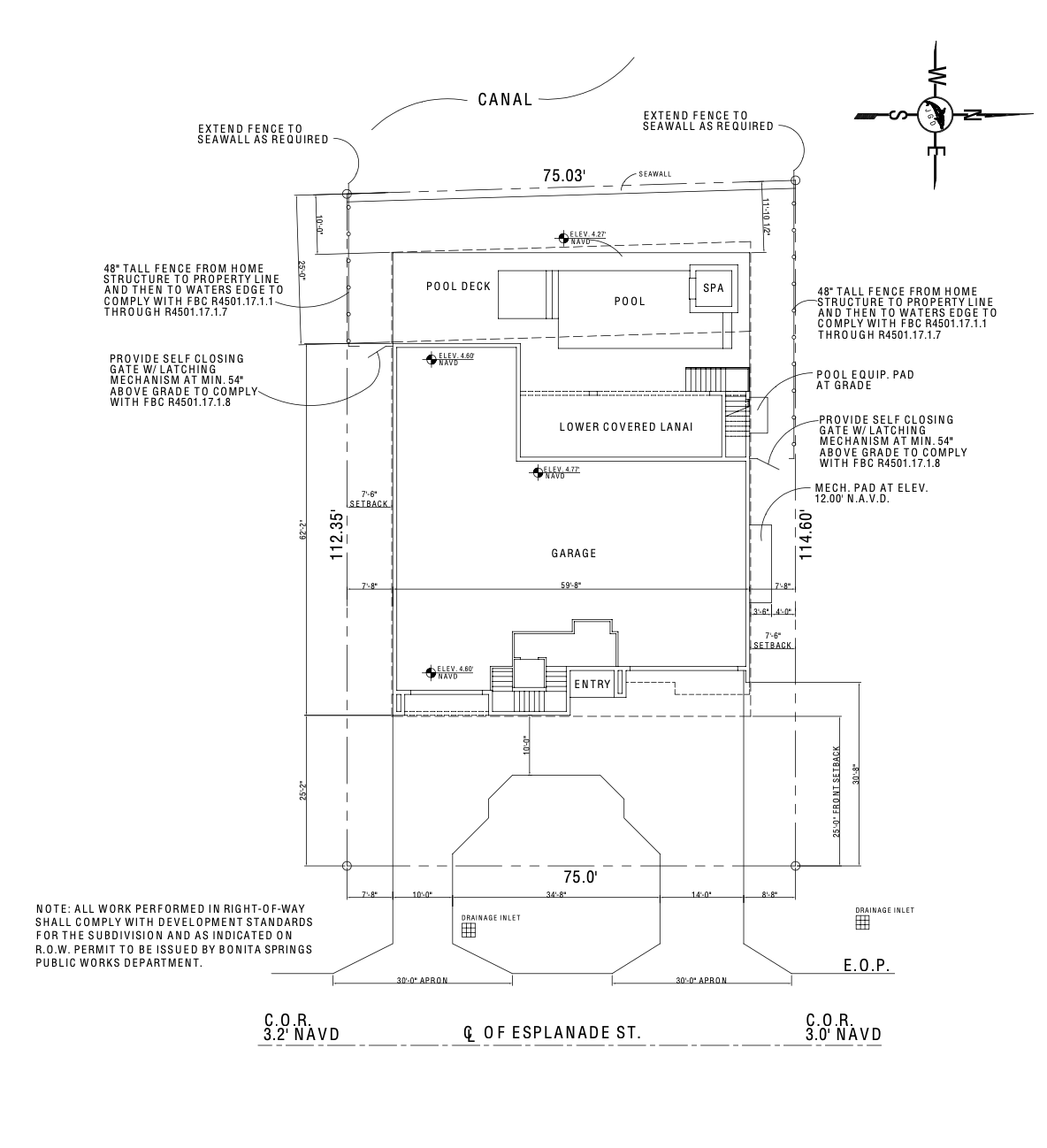 Esplanade engineered site plan showing lot, footprint, pool, dock, and flood zones